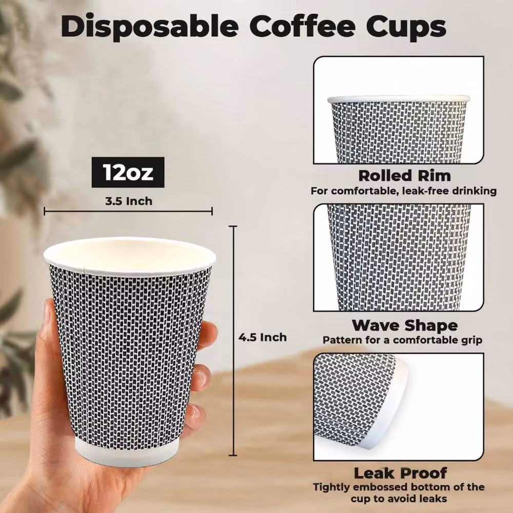 ECONX 200 Disposable 3-Ply Kraft Ripple Paper Coffee Cups, 12oz, Black – 2
