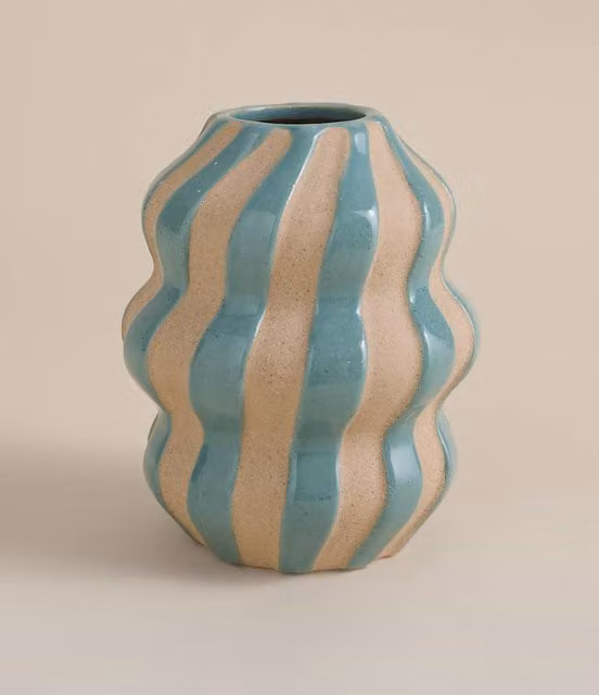 M&S Blue Striped Ceramic Tabletop Vase