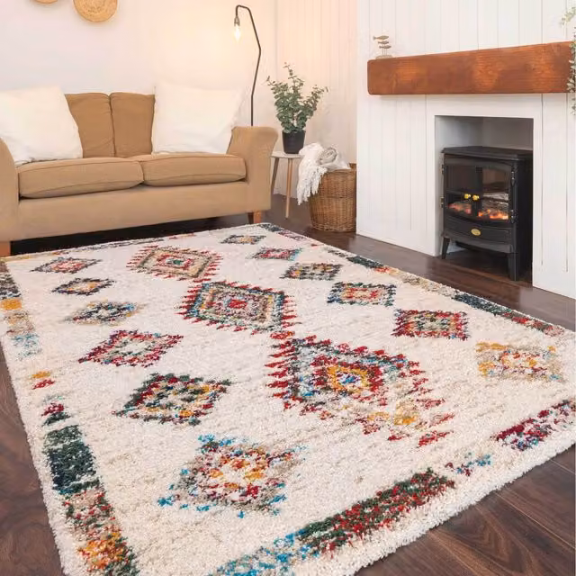 The Rug House Moroccan Shaggy Living Area Rug in Beige and Multicolour, W: 150 cm, D: 80 cm