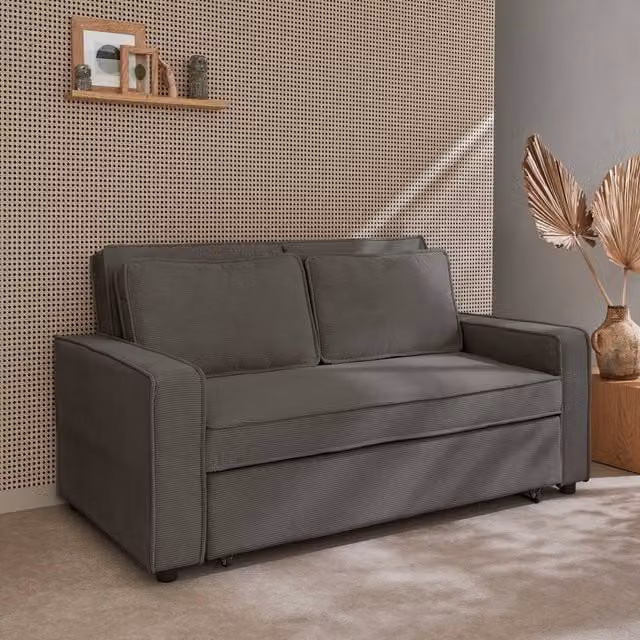 sweeek 2-Seater Corduroy Sofa Bed in Grey with Scatter Cushions and Sleeping Function