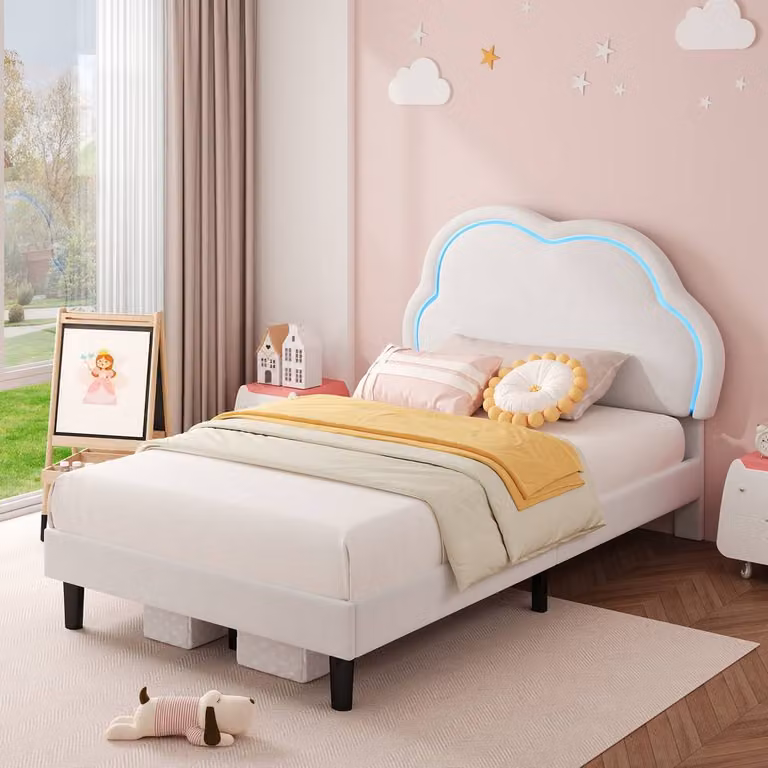 Rolipo Double Velvet Bed Frame in White with Adjustable Cloud Headboard and RGB LED Under-Bed Lighting