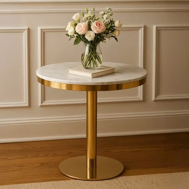 Orsina Round White Marble Dining Table with Gold Base – 2