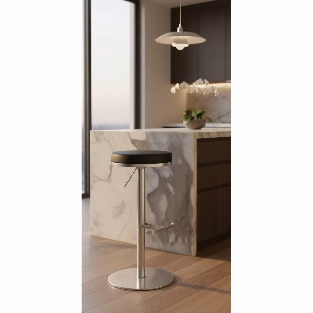 netfurniture Barrir Kitchen Stool with Satin Brushed Steel Weighted Base and Synthetic Leather Seat in Black and Grey – 2