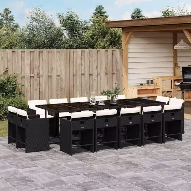 Berkfield Home 14-Seater Collapsible Garden Dining Set in Black PE Rattan with Glass Top