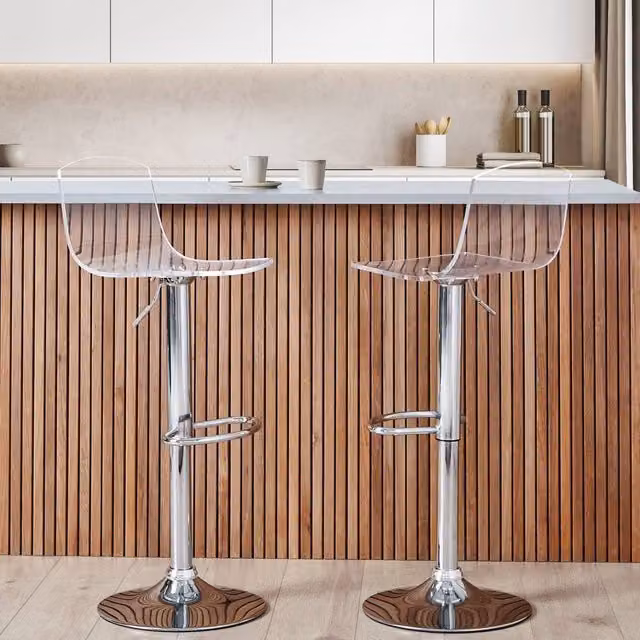 Wyld and Coco Set of 2 Transparent Acrylic Swivel Gas-Lift Bar Stools in Clear and Silver