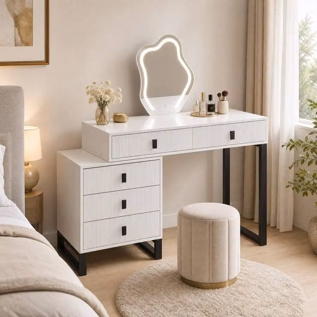 STILVORA Modern White Dressing Table with LED Mirror and 5 Drawers