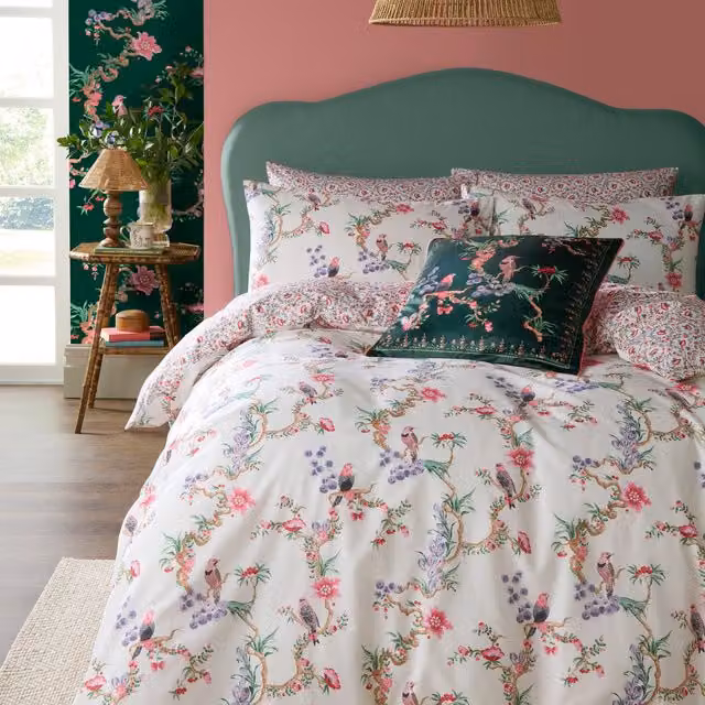 Cath Kidston Reversible Birds of a Feather Floral Duvet Cover Set, Pink and White, W: 180 cm, L: 200 cm