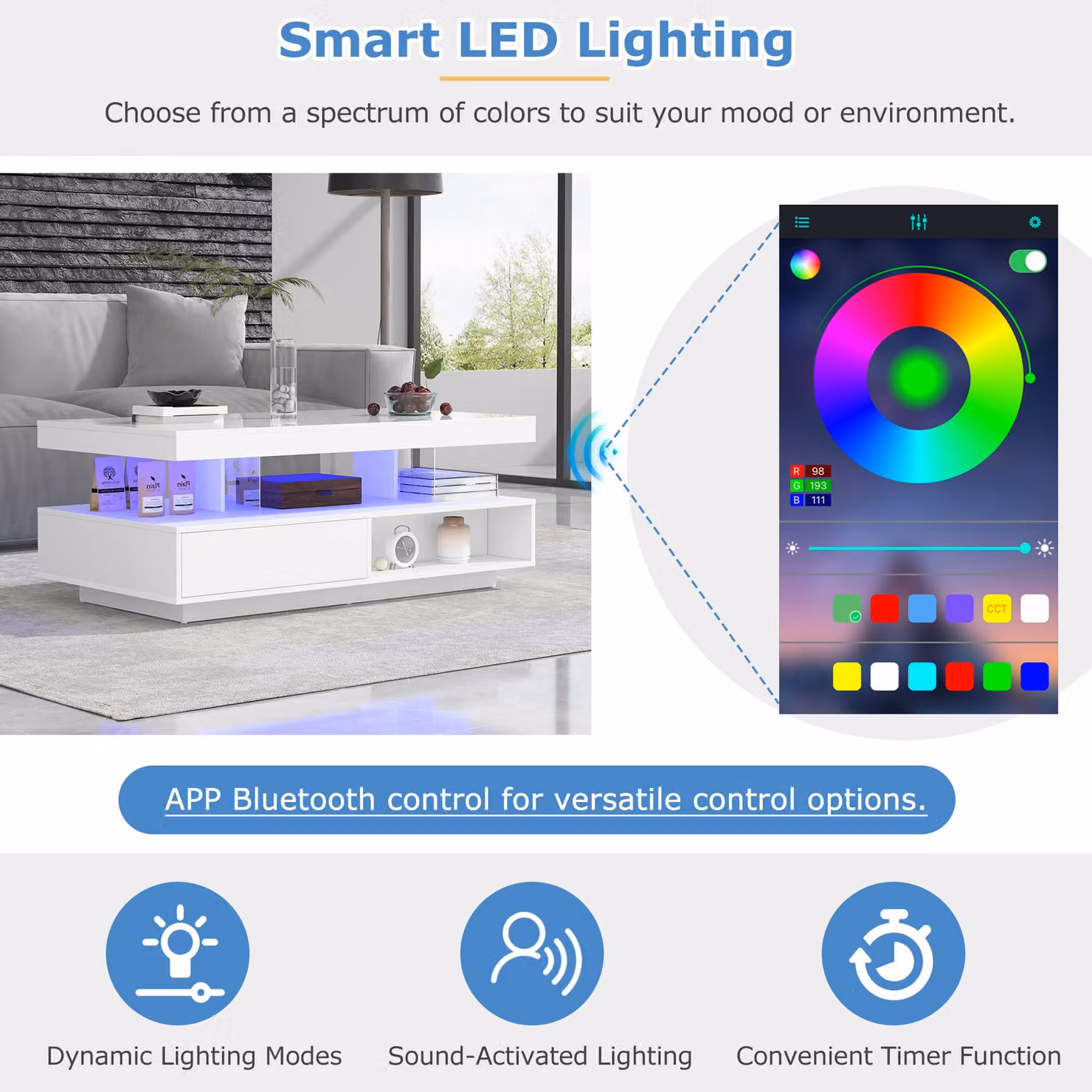 Aosom.UK Modern White High Gloss LED Coffee Table with 2 Drawers and 16-Colour LED Lights, W: 95 cm, D: 50 cm, H: 42.5 cm – 3