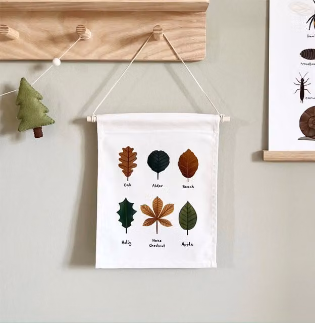 Kid of the Village Leaves Mini Hanging Canvas Illustration for Children, W/H: 32 x 25 cm