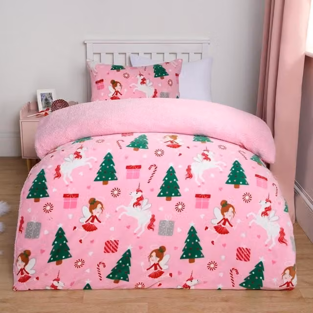 OHS Christmas Unicorn Sherpa Reversible Duvet Set for Children in Pink
