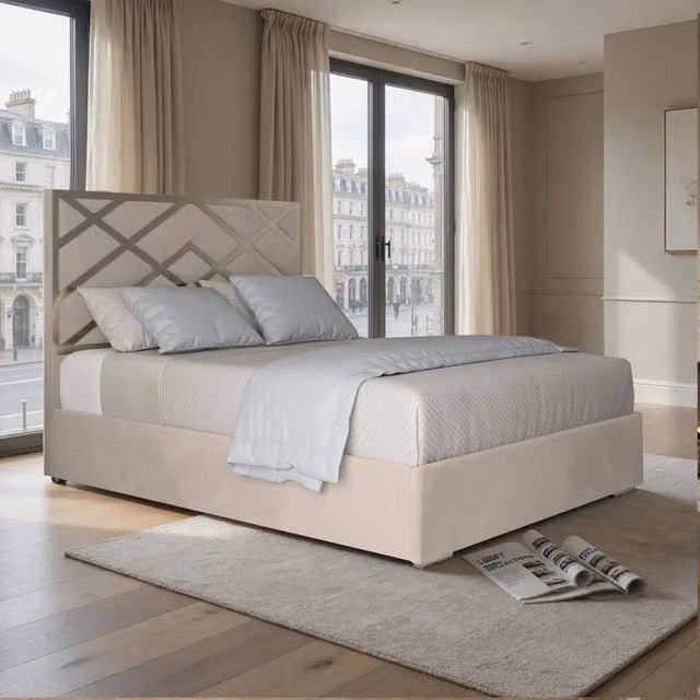 KDMD Ripponden Super King Upholstered Soft Velvet Designer Bed Frame in Beige with Metal Details, 200 x 200 cm