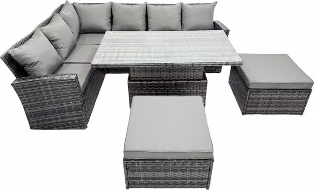 Fimous Poly Rattan L-Shape Corner Sofa Set in Dark Grey with Adjustable Coffee Table and 2 Ottomans
