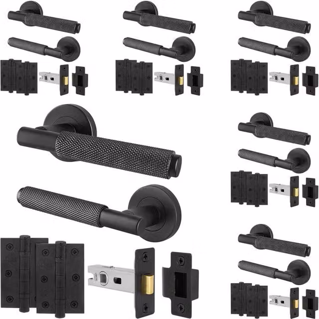 AFIT Matt Black Knurled Internal Door Handle Set, Pack of 6 with Latches and Hinges – 1