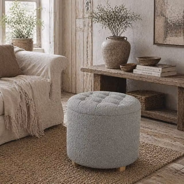 Wyld Haus Valefi Grey Bouclé Round Storage Ottoman with Button Tufted Lid, Diameter: 45 cm, Height: 41 cm