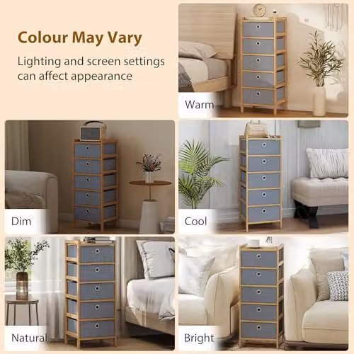 HOMCOM Chest of Drawers with Bamboo Frame and 5 Fabric Drawers in Light Grey – 6
