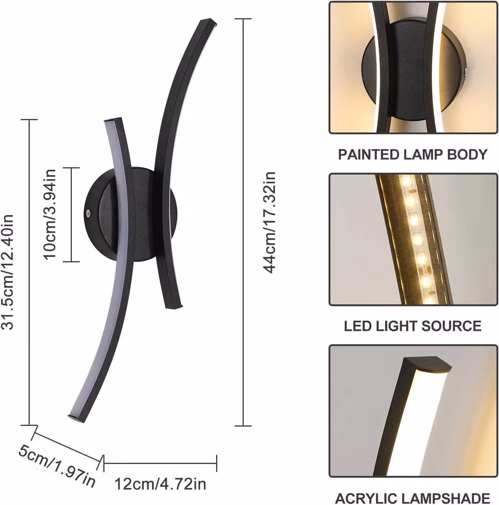 Goeco Modern LED Indoor Wall Light in Black with Curved Acrylic Design and Warm White 3000K Glow – 3