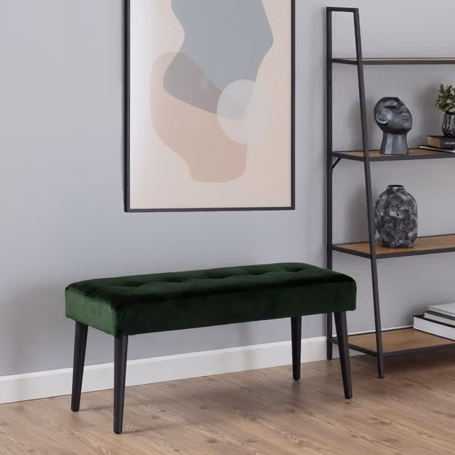 Furniture To Go Glory Modern Straight Bench in Forest Green Velvet Fabric with Matt Black Metal Base