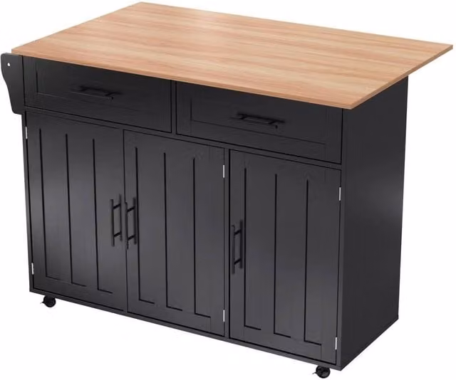 PAWNORA Rolling Kitchen Storage Trolley with Wood Countertop in Matt Black – 1