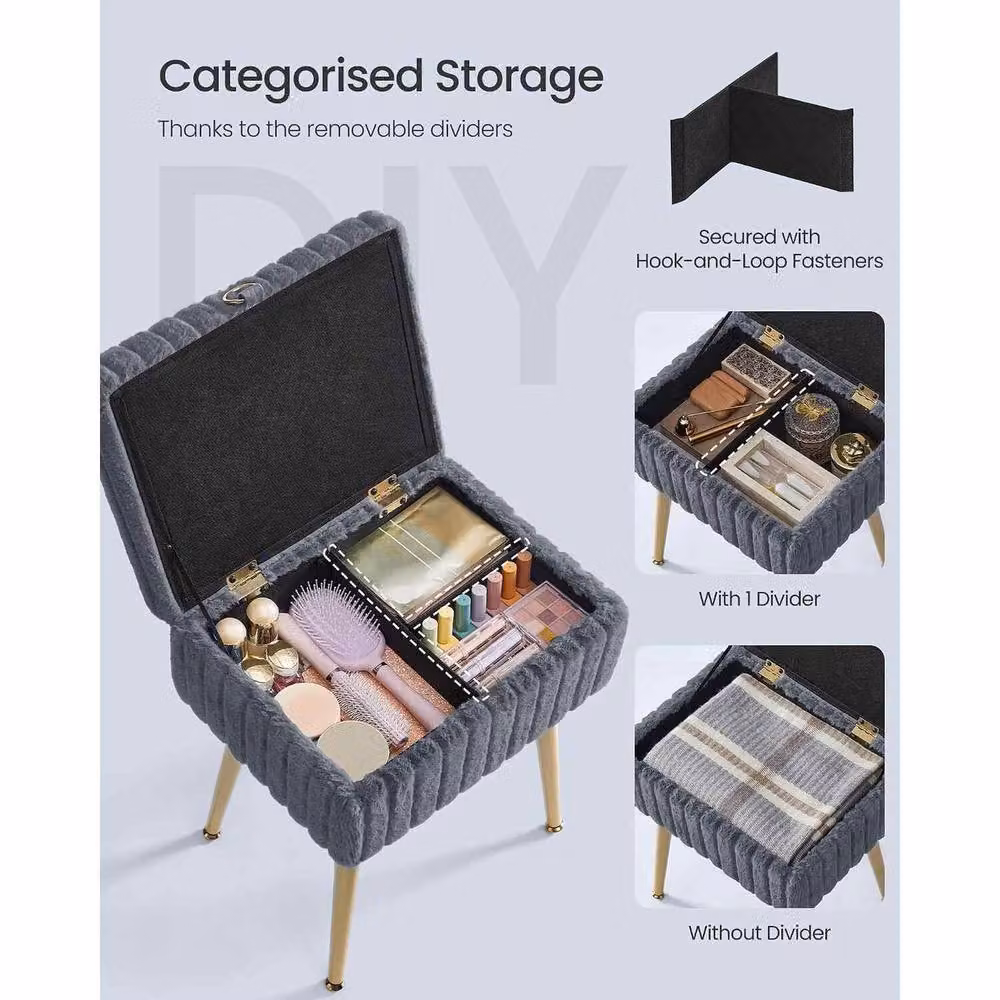 The Bazaarist Dressing Stool with Storage and Upholstered Metal Legs in Dark Grey – 4