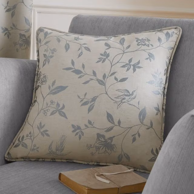 Curtina Bird Trail Filled Square Cushion in Blue and Beige, 43 x 43 cm
