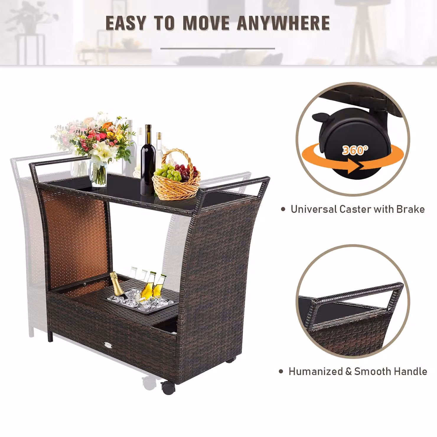 FURNITURE ONE Rattan Serving Trolley Bar Cart with Removable Ice Bucket in Brown – 5