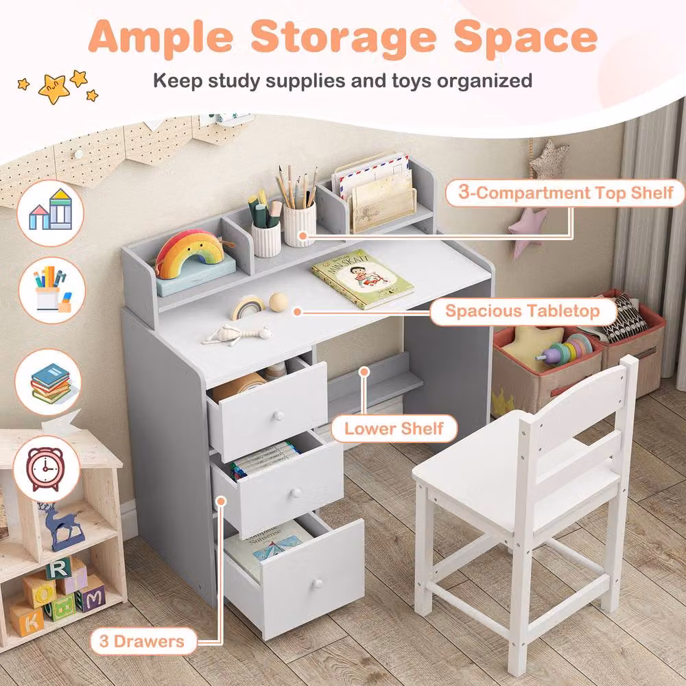 Costway Kids Study Desk and Chair Set with Wooden Hutch and Storage Shelf in Multicolour – 2