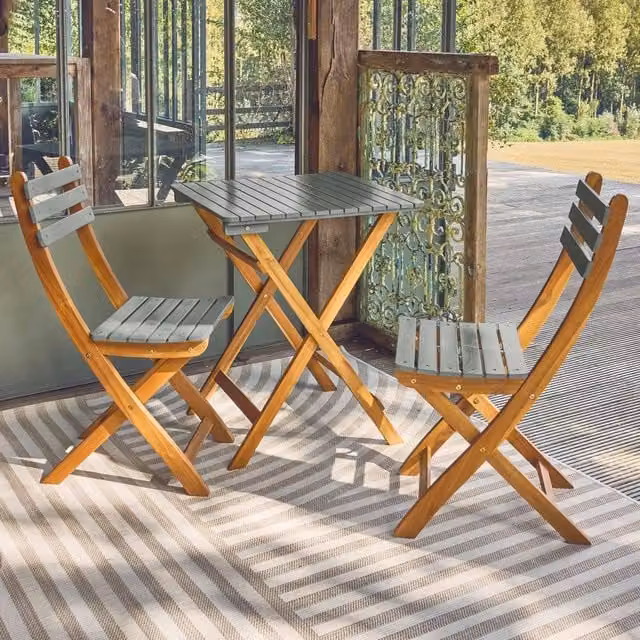 sweeek Acacia Wood Garden Table and 2 Folding Chairs in Khaki