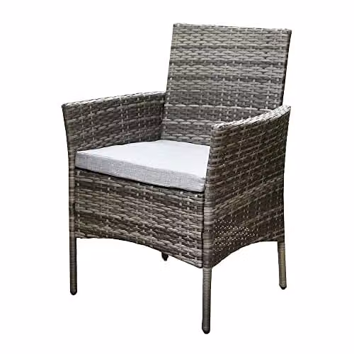 RayGar 3-Piece Grey Polyrattan Bistro Set with Round Glass Top Coffee Table and 2 Chairs for Garden and Terrace – 5