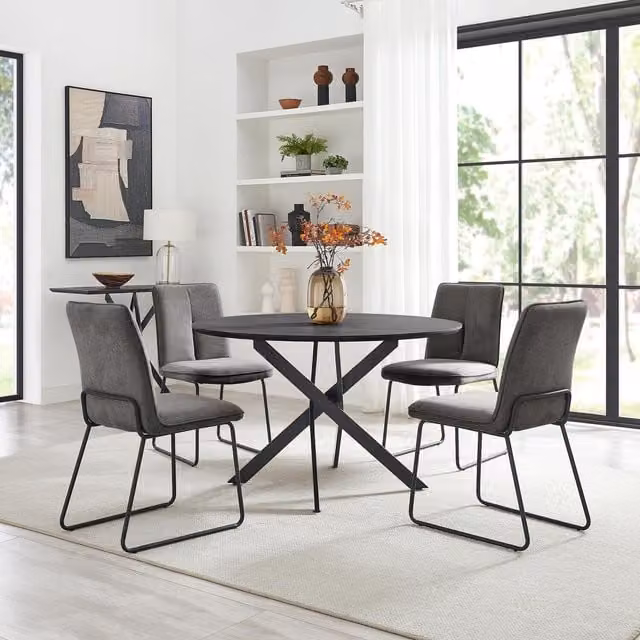 FurnitureboxUK Novara Round Black Top Dining Table with 6 Halle Dark Grey Fabric Chairs, Diameter: 120 cm
