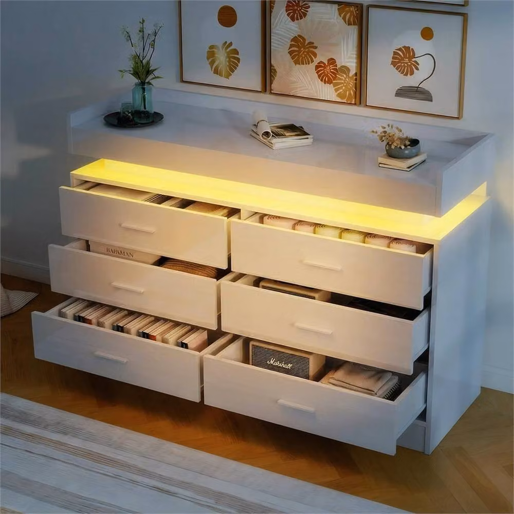 NESTLUNE Modern White 6 Drawer Bedroom Storage Cabinet with Integrated RGB LED Lighting – 2