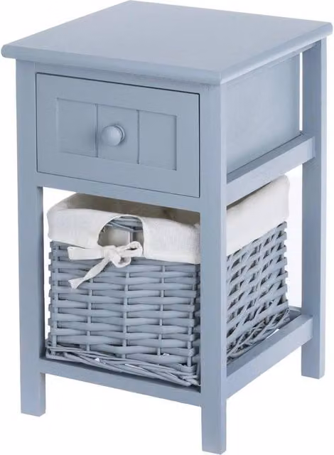 PAWNORA Grey Shabby Chic Bedside Table with Rattan Wicker Basket Drawer