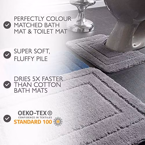 Allure Bath Fashions 2 Piece Non-Slip Microfibre Bath and WC Pedestal Mat Set in Grey – 4