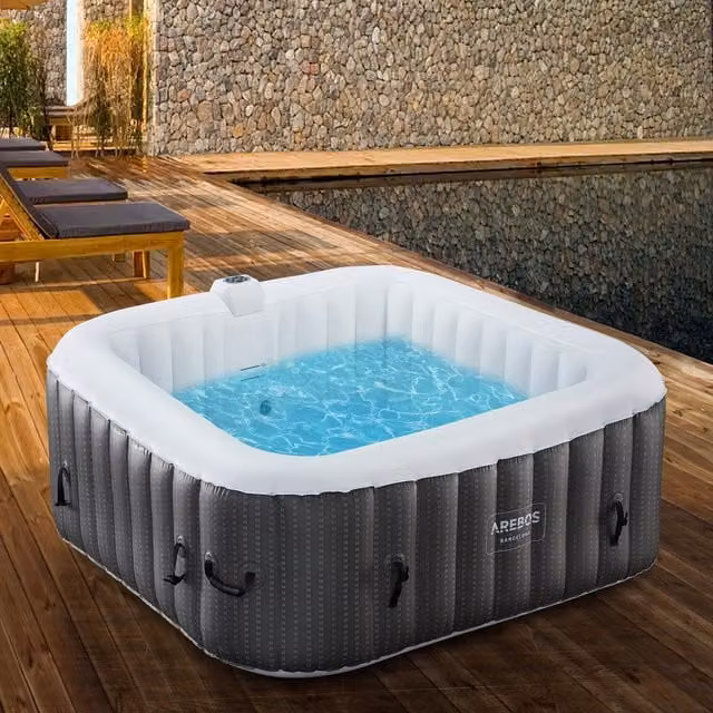 AREBOS Inflatable Square Whirlpool Spa Pool Hot Tub with LED in Black