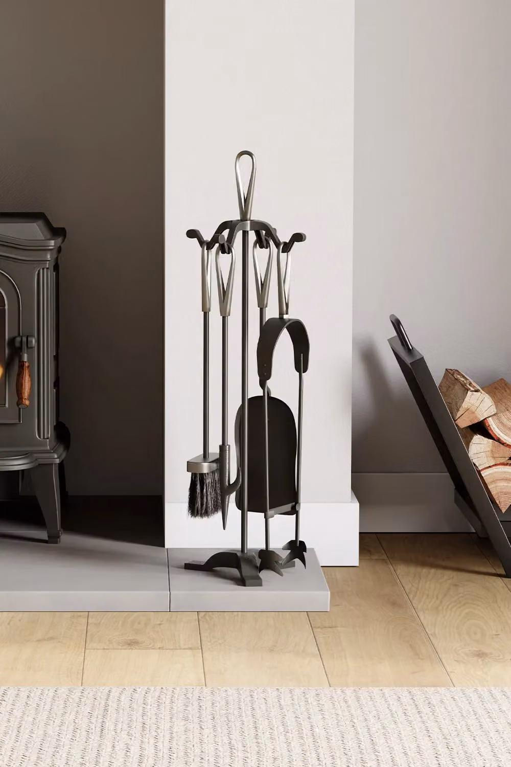 Home Discount Fire Vida 5 Piece Buxton Companion Set Fireplace Tools in Metallic Silver – 3