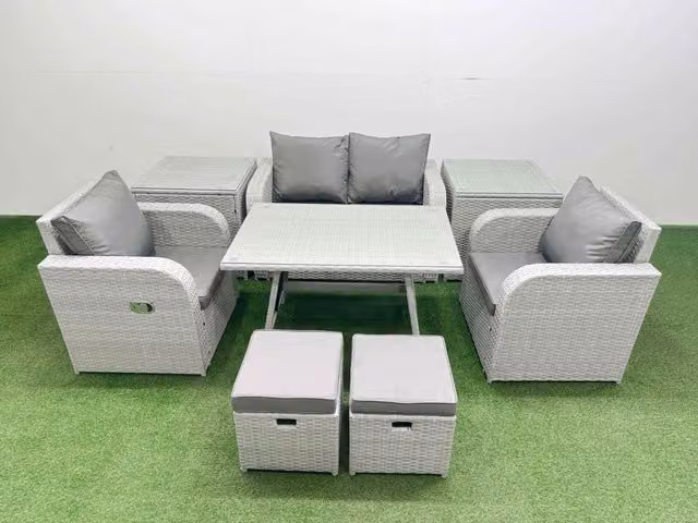 Fimous Grey PE Rattan Garden Furniture Set with Reclining Chair, 2-Seater Sofa, Ottoman, Coffee Table and 2 Side Tables