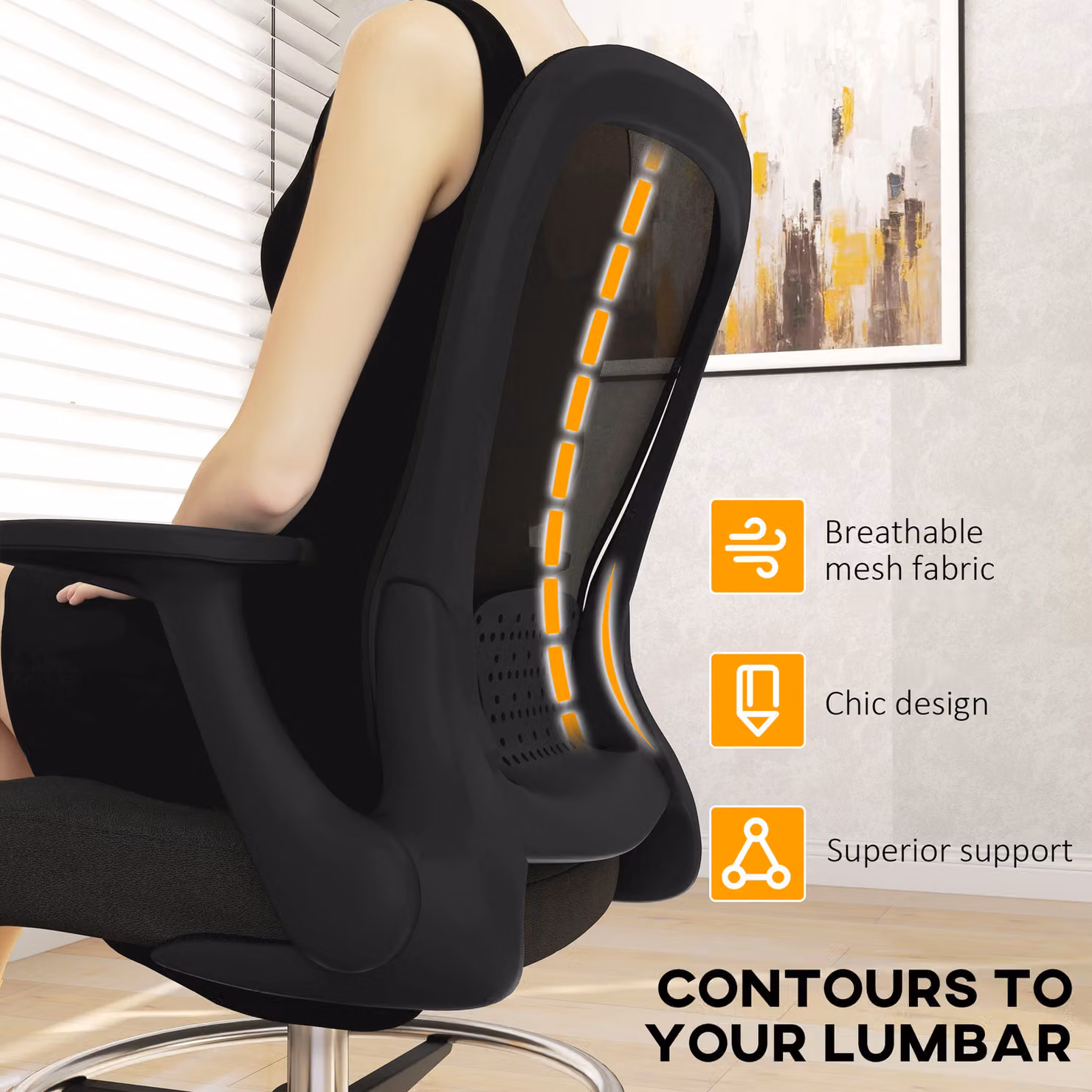 HOMCOM Black Fabric Ergonomic Drafting Chair with Flip-up Armrests, Foot Ring and Swivel Castors – 7