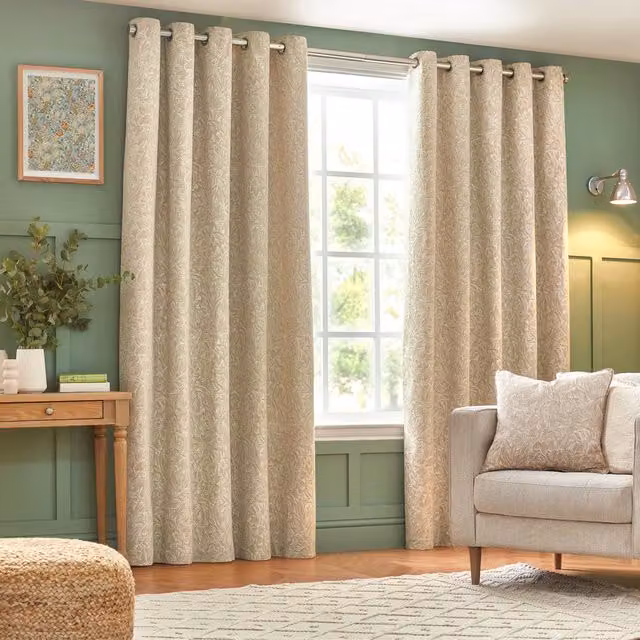 Grantley Set of 2 Floral Jacquard Eyelet Curtains in Beige and Yellow, W: 137 cm, H: 229 cm