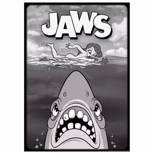 FaNaTtik Jaws Cartoon-style Limited Edition and Numbered A3 Paper Art Print in Grey, W: 29.7 cm, H: 42.0 cm