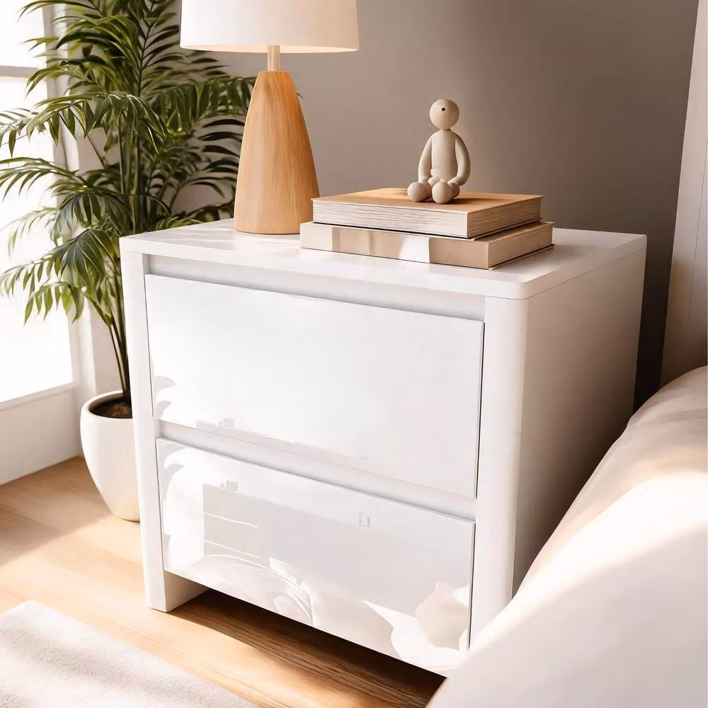 Home Source Ardenza White High Gloss 2 Drawer Bedside Cabinet W/D/H: 40 x 40 x 60 cm – 2