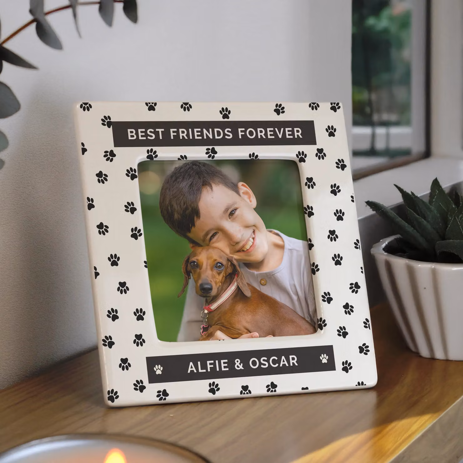 Personalised Memento Company Women's Personalised Pet Paw Print Ceramic Square Tabletop Frame, Beige, W/H: 10.16 x 10.16 cm