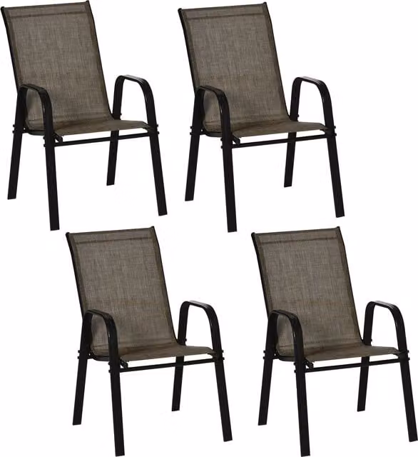 Outsunny 4 Piece Stackable Outdoor Garden Dining Chairs with High Backrest, Armrests and Brown Textilene Mesh Fabric – 1