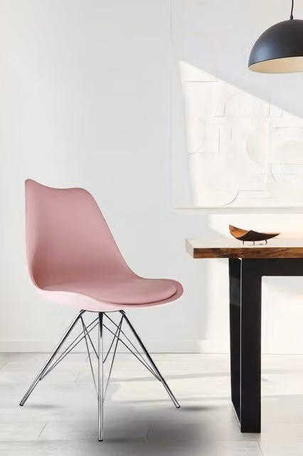 Fusion Living Soho Plastic Dining Chair with Chrome Metal Legs in Pink – 1