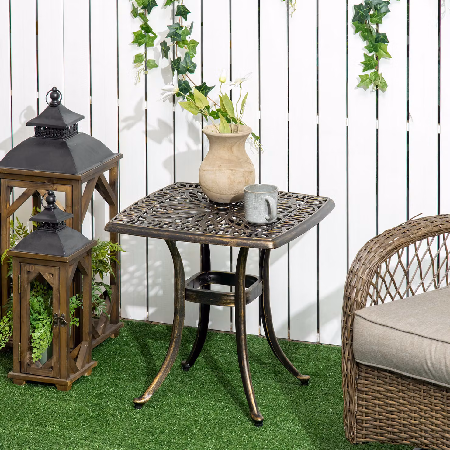Outsunny Bronze Cast Aluminium Square Patio Side Table with 38mm Umbrella Hole, W/D/H: 54 x 54 x 52.5 cm – 2