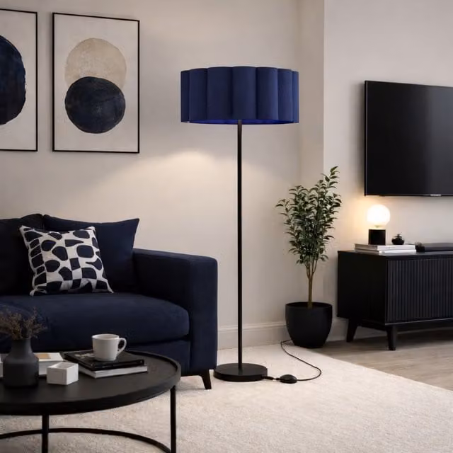 CGC Lighting Lena Matt Black Straight Floor Lamp with Large Blue Scalloped Fabric Lampshade, Height: 163 cm, Width: 48 cm