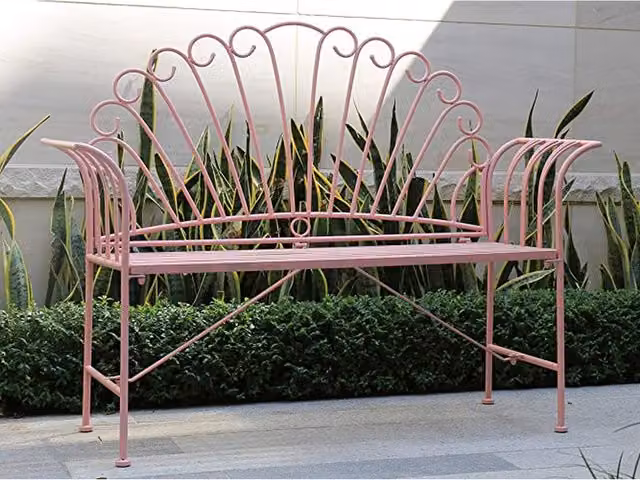 GlamHaus Palermo Handmade Vintage Shabby Chic Foldable Metal Garden Bench in Pink