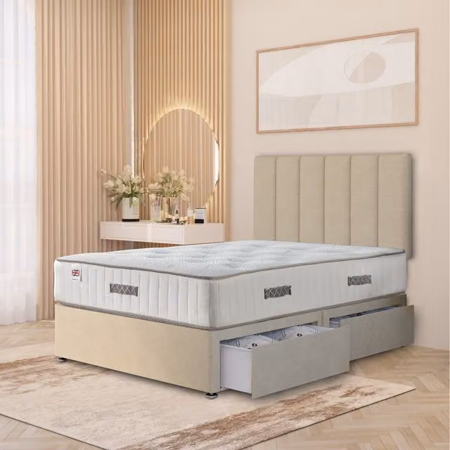Somnior Beds Ltd Austin Tweed Fabric Orthopaedic Divan Storage Bed with Hybrid Mattress and 32 inch Headboard, Natural, W/D/H: 180 x 200 cm