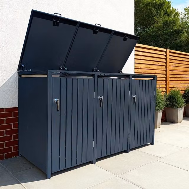 Garden Furniture Centre Triple Wheelie Bin Storage Unit in Anthracite Grey Galvanised Steel, H 116 cm x W 199 cm x D 80 cm – 1