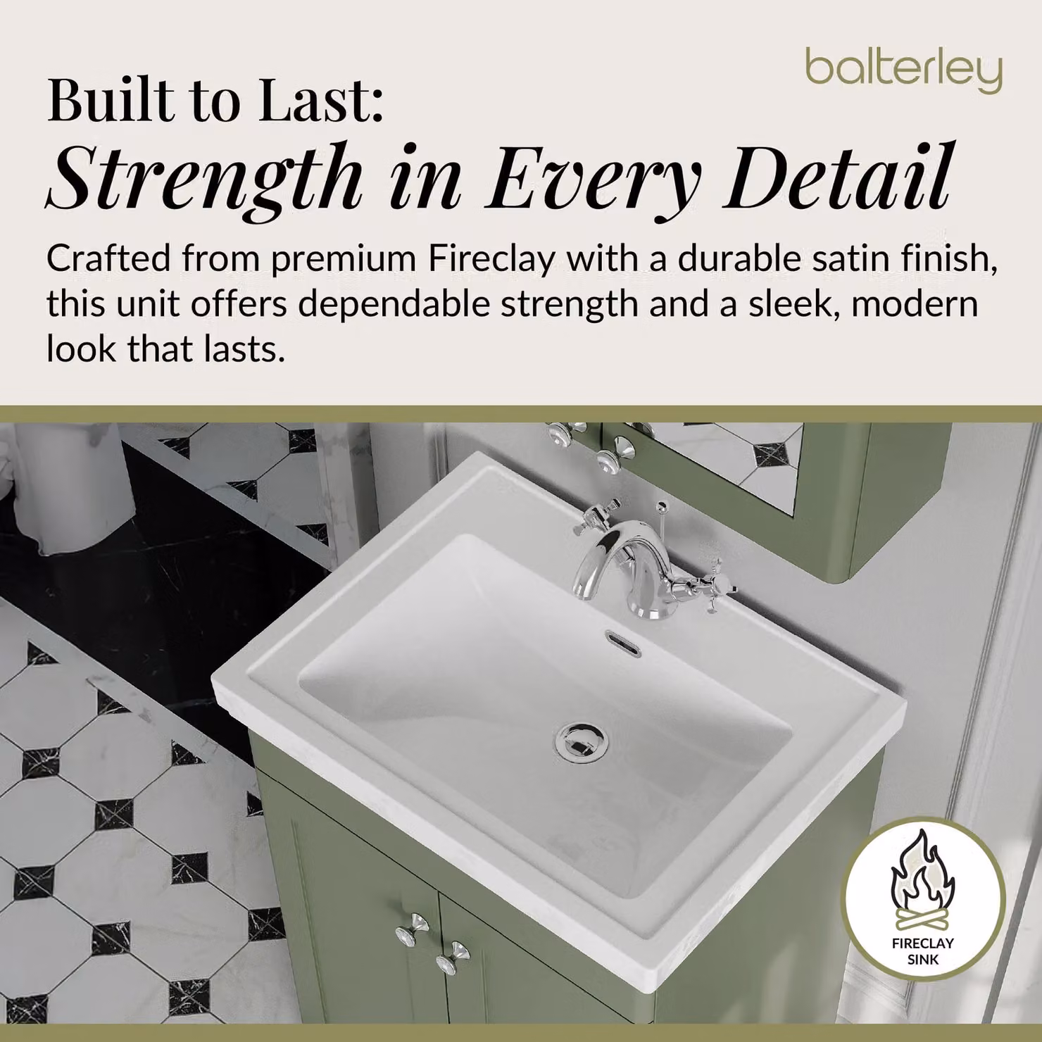Balterley 2-Door Freestanding Bathroom Floor Vanity Unit with Fireclay Basin in Satin Green, W: 60.0 cm, H: 86.5 cm – 3