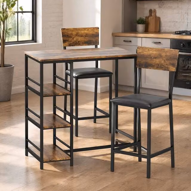STILVORA Bar Table and Chairs Set with Storage in Rustic Brown – 1