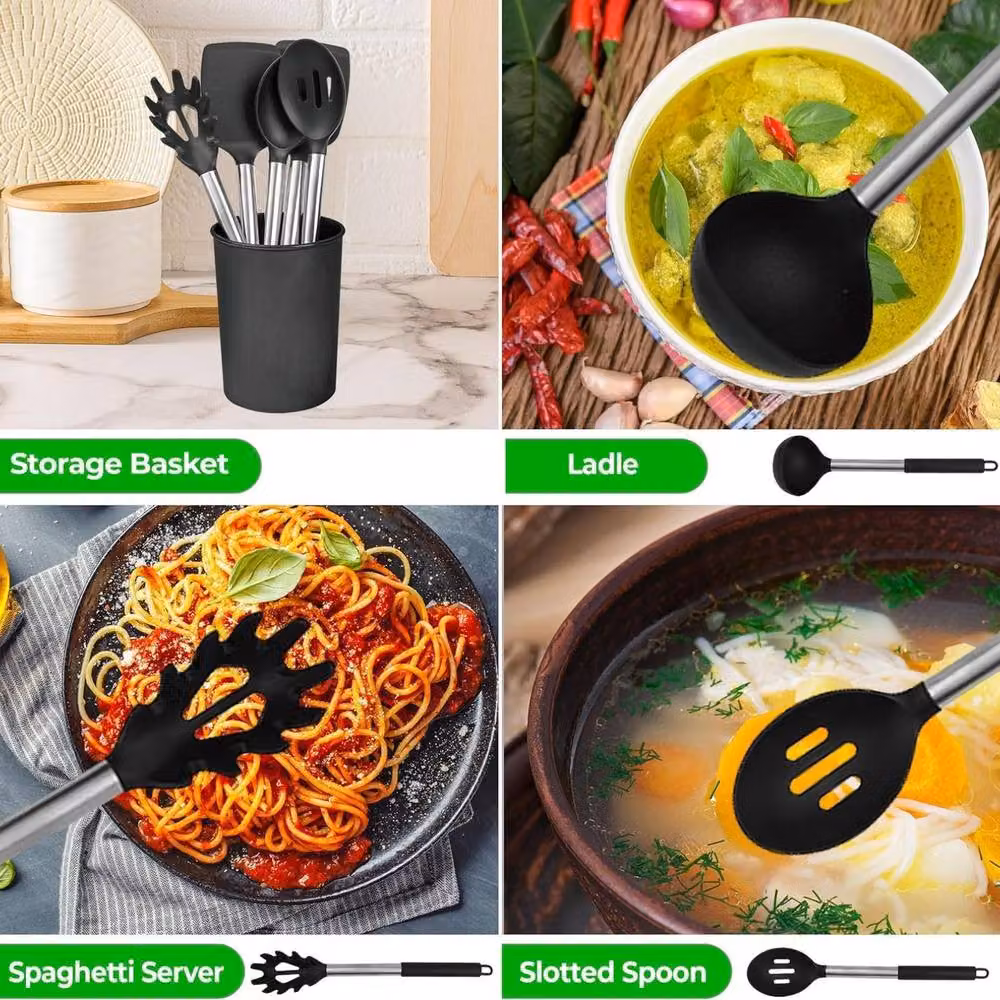 Top 3 8 Piece Black Silicone and Stainless Steel Kitchen Utensil Set with Storage Bucket – 6